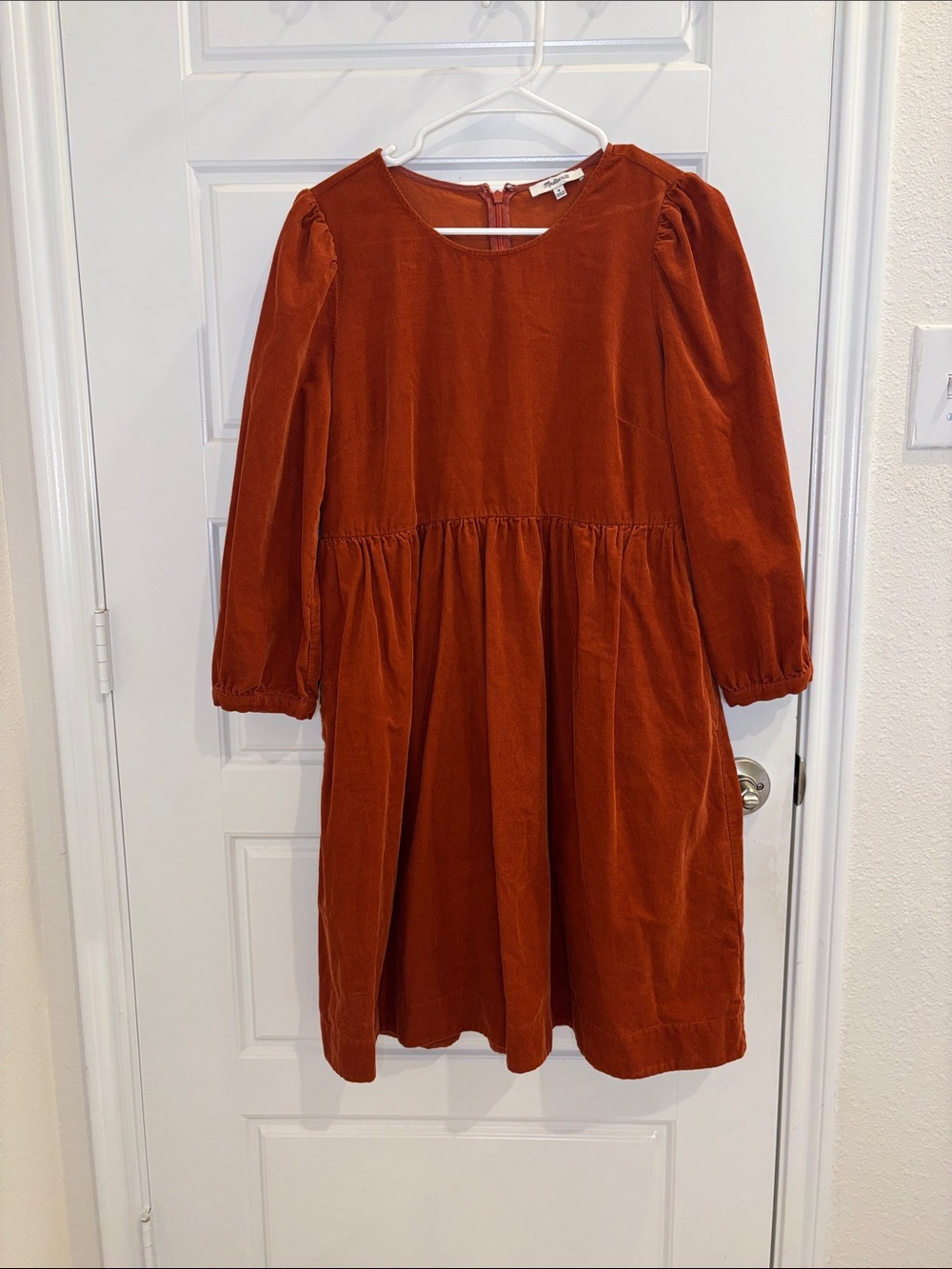 Madewell Corduroy Puff Sleeve Midi Dress M Rust Orange